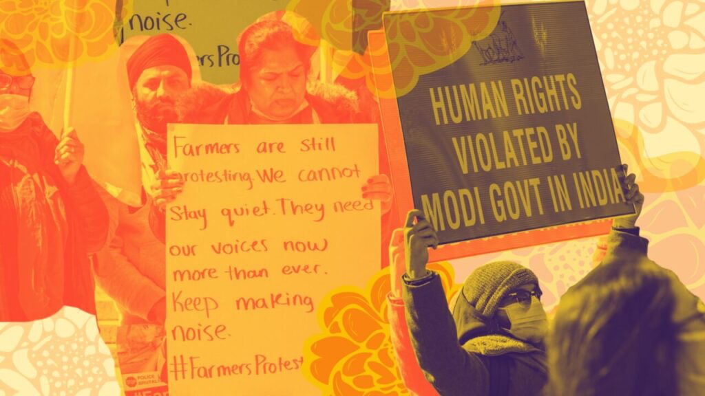 An orange, yellow, and navy blue image of a sikh man and woman protesting with a sign that says "Farmers are still protesting. We cannot stay quiet. They need our voices now more than ever. Keep making noise. #FarmersProtest" and another masked protester carrying a sign saying "human rights violated by Modi govt in India"